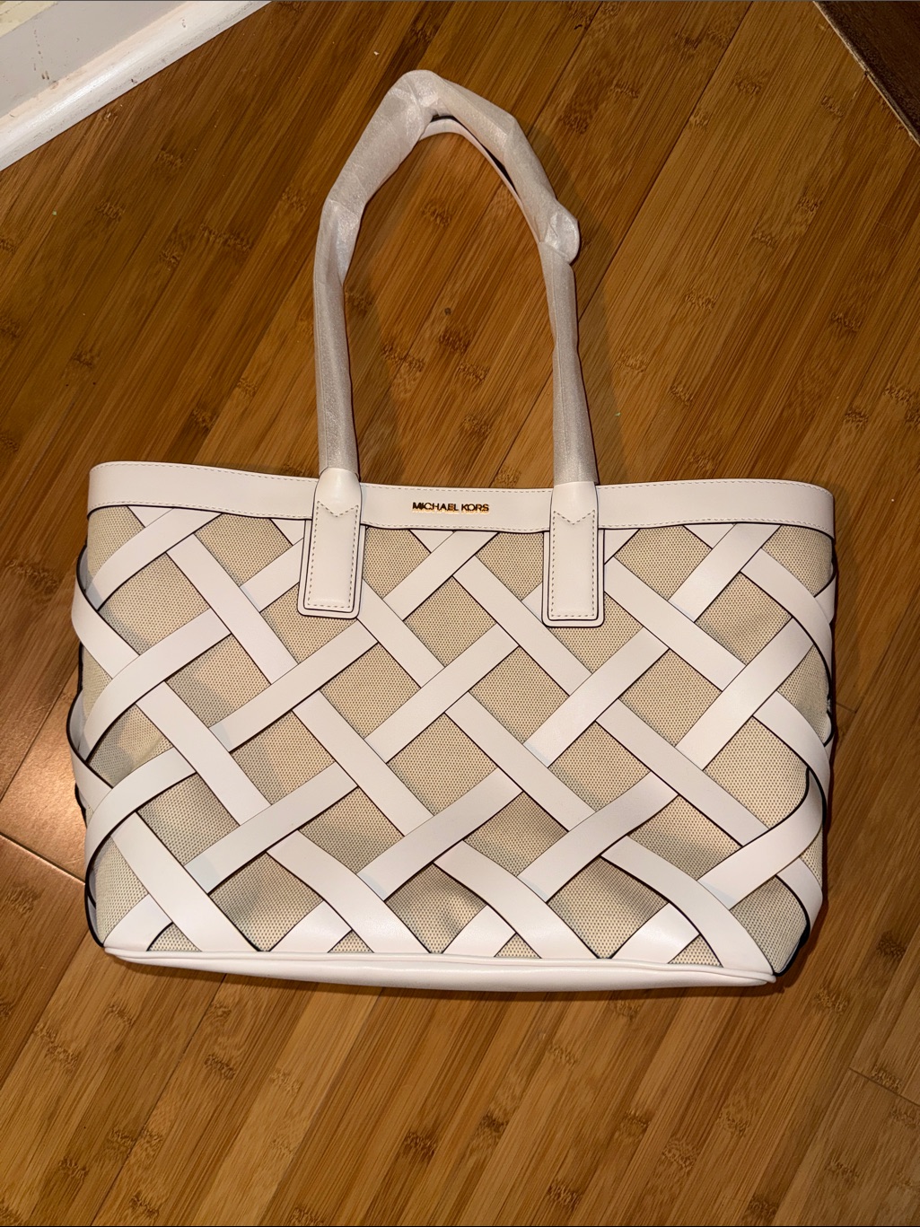 Michael Kors White And Beige Sienna Woven Tote